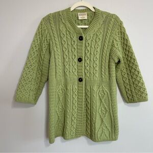 Kilronan Knitwear Green Women's 100% Wool Cable Knit 3/4 Sleeve Cardigan Medium